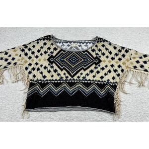 Ralph Lauren Aztec Southwestern Fringe Cropped Sweater Womens M Black Blue